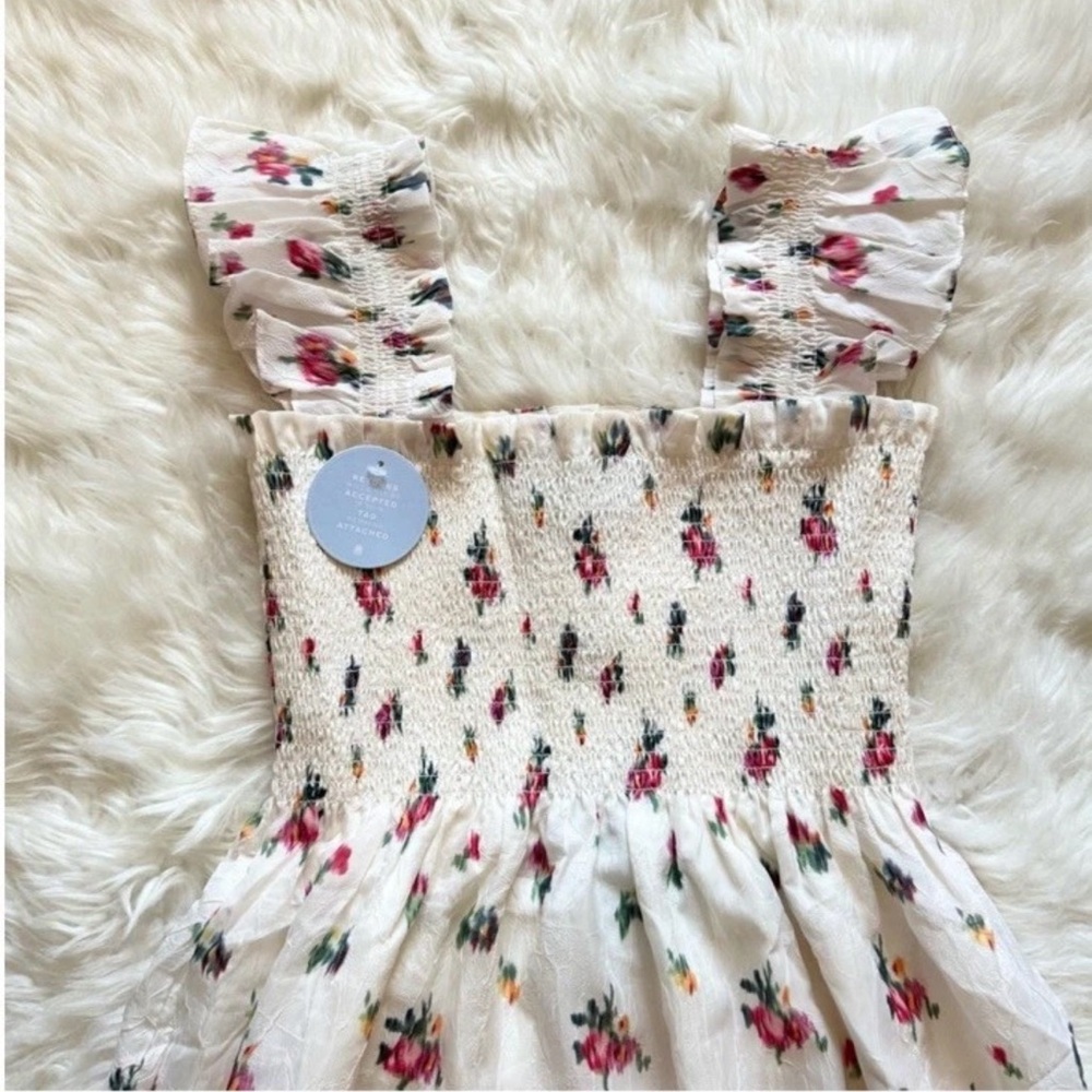 New HILL HOUSE Ellie Floral Smocked Midi Nap Dress in Ivory Crushed Taffeta Ikat - Picture 8 of 16
